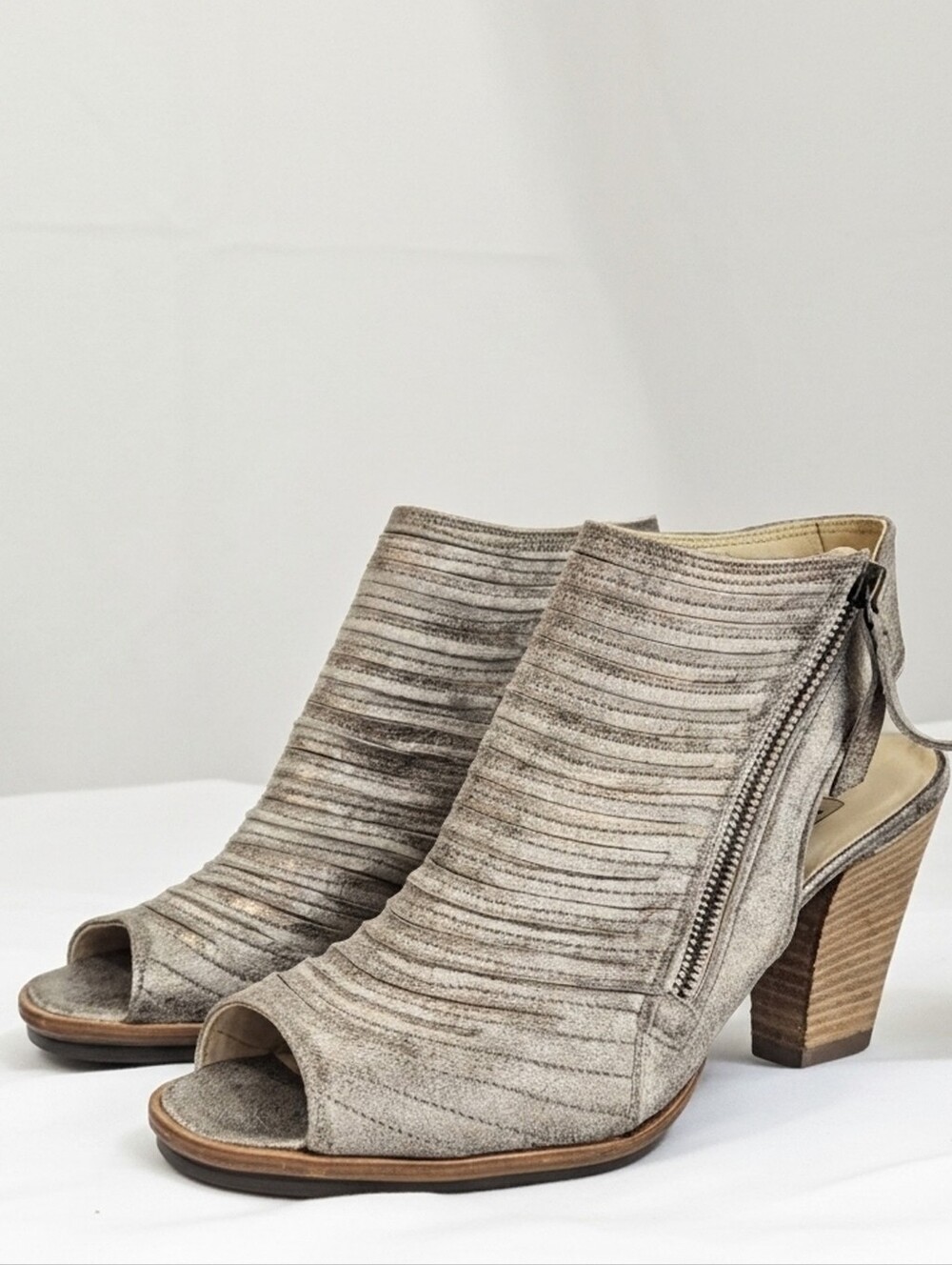 Paul Green Metallic Taupe Open-Toe Stacked Heel Booties Size 6.5